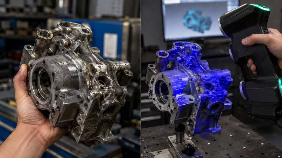 A worn cast-metal industrial component held in hand on the left, and the same component on the right captured with a handheld blue-laser 3D scanner as its digital scan appears on a monitor.