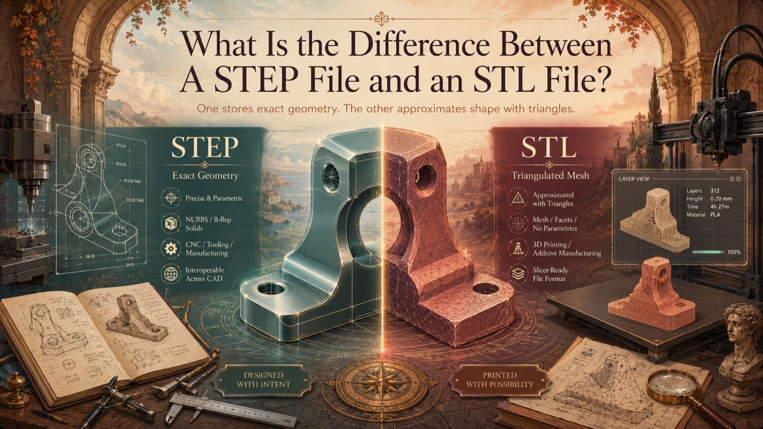 Illustration for the GDS resource article: STEP File vs. STL File: Key Differences | GDS