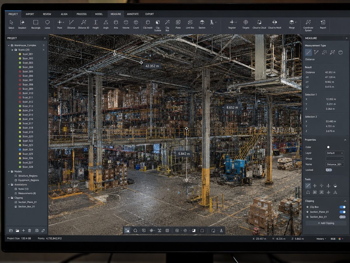 Point cloud software showing a colored 3D scan of a warehouse interior with a scan list and measurement tools.