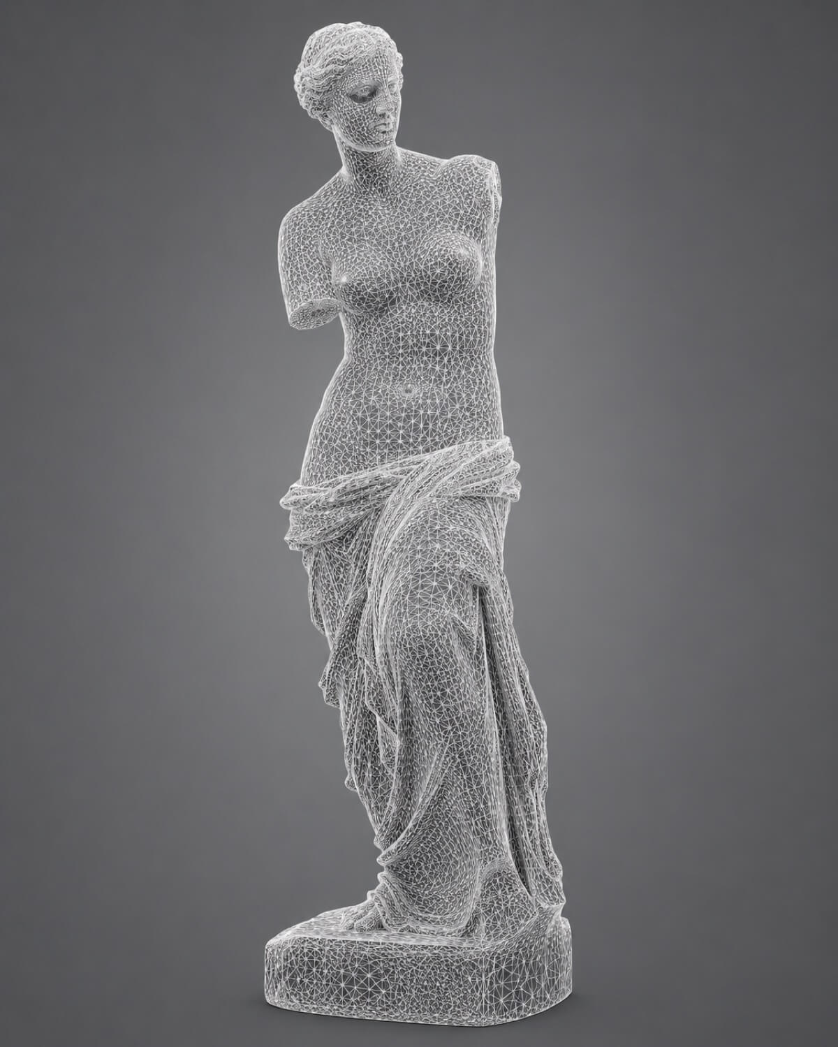 A classical statue shown as a dense triangular polygon mesh wireframe.