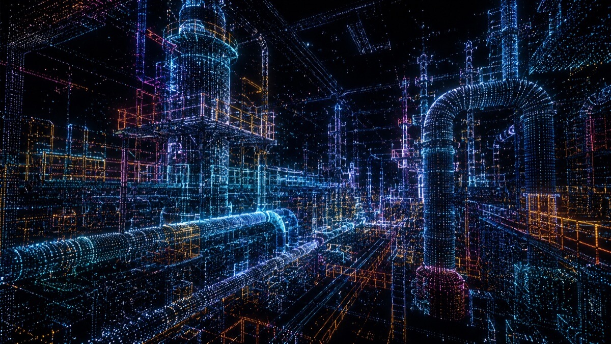 A dense multicolored 3D point cloud of the pipes, towers, and structures of an industrial plant.