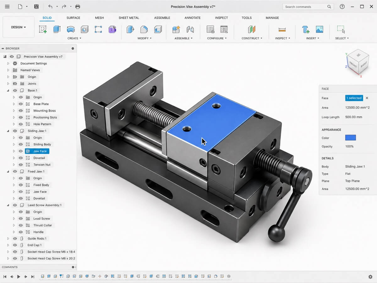 A machined precision vise assembly shown as a parametric solid CAD model with a feature tree.
