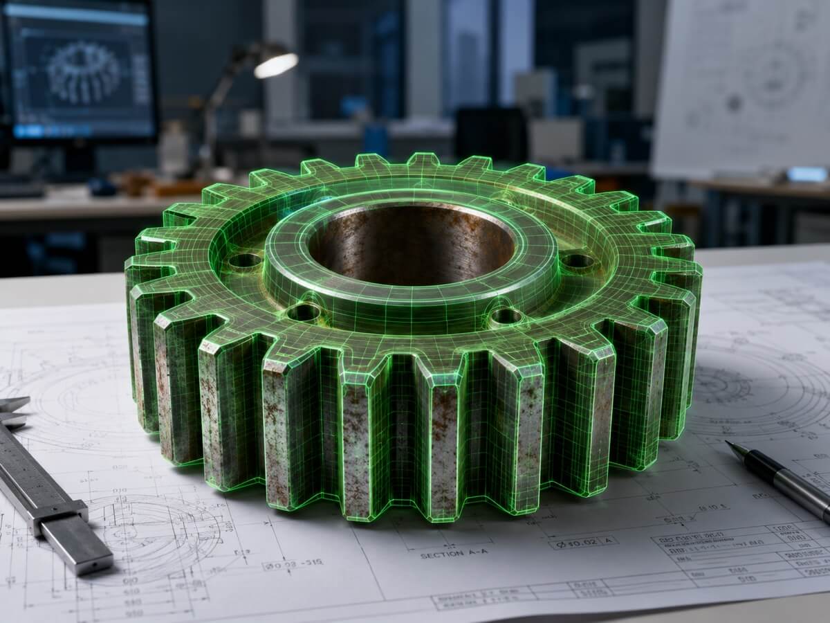 A rusted industrial gear on an engineering drawing with a green 3D wireframe mesh projected over it.